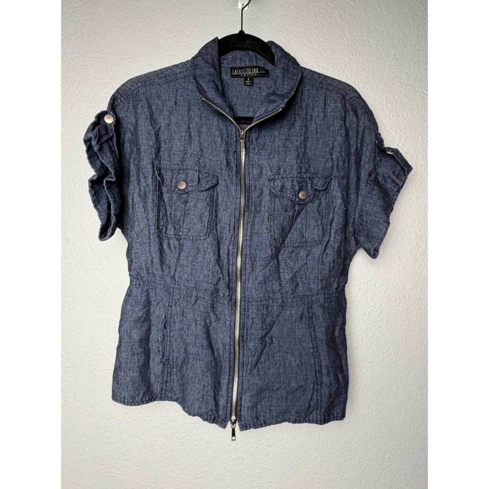 Lafayette 148 New York Jacket Womens Petite 8 Blue Linen Short Sleeve Minimalist